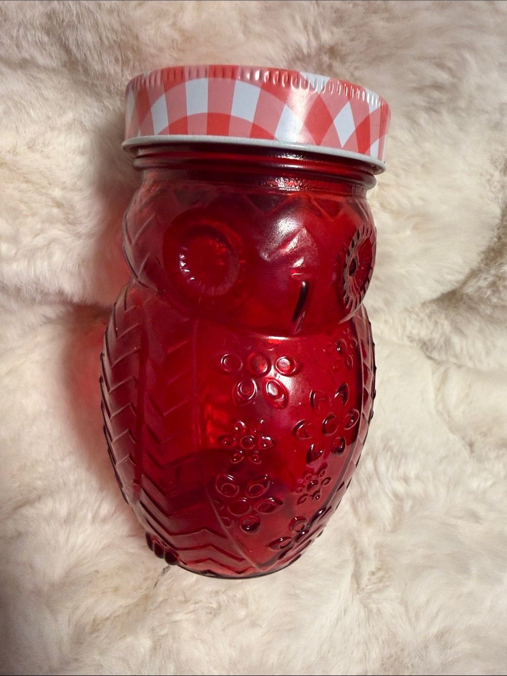 Vintage Red Owl Glass Jar with Patterned Lid - Home Accents
